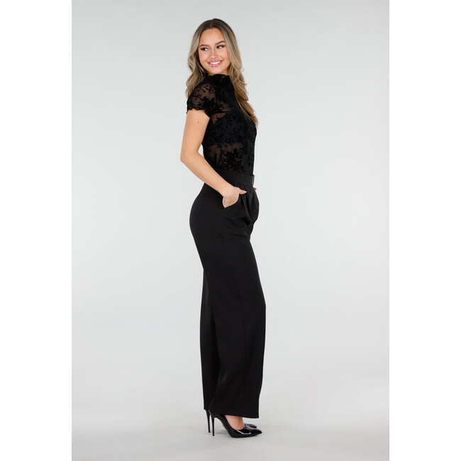 Schwarzes Mesh-Oberteil mit Blumenmuster und Stretch