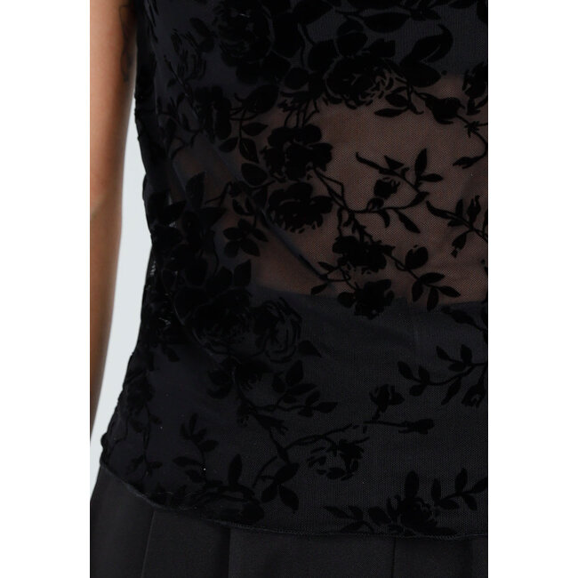 Schwarzes Mesh-Oberteil mit Blumenmuster und Stretch