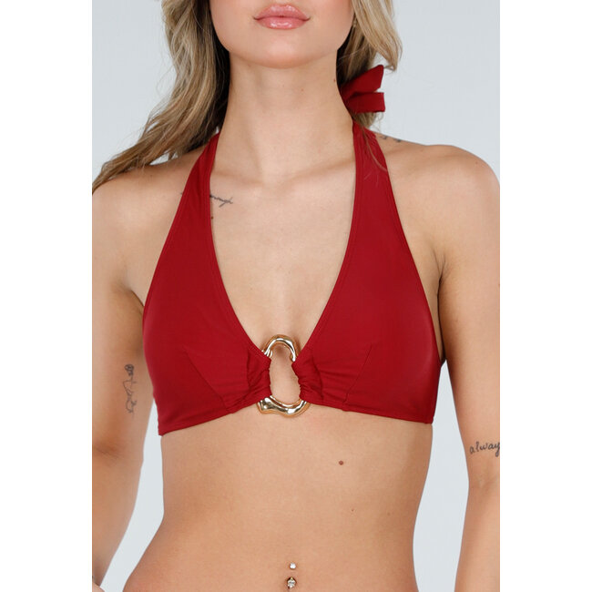 Bordeauxroter Bikini mit Neckholder-Oberteil und Wickelrock