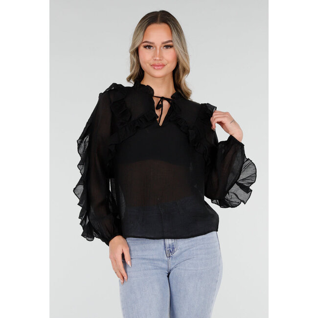 Schwarze Chiffonbluse mit Rüschen
