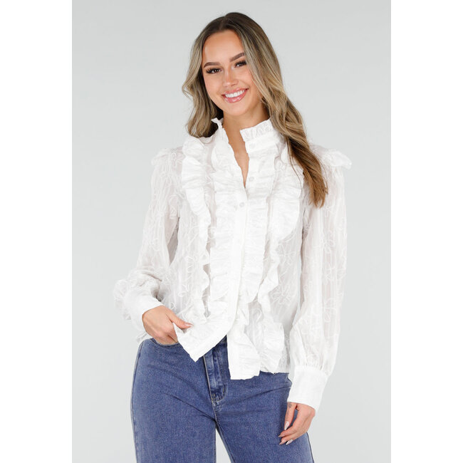 Weiße Bluse mit Rüschen und langen Ärmeln