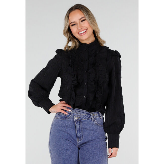 Schwarze Bluse mit Rüschen und langen Ärmeln