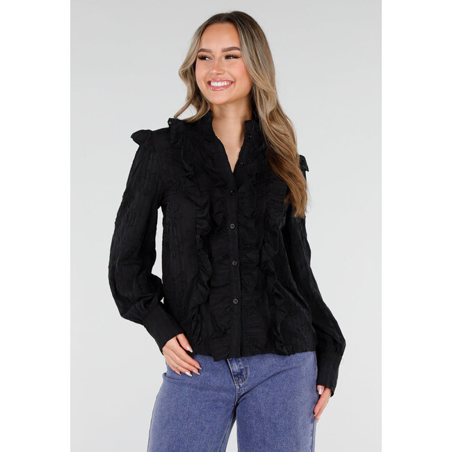 Schwarze Bluse mit Rüschen und langen Ärmeln