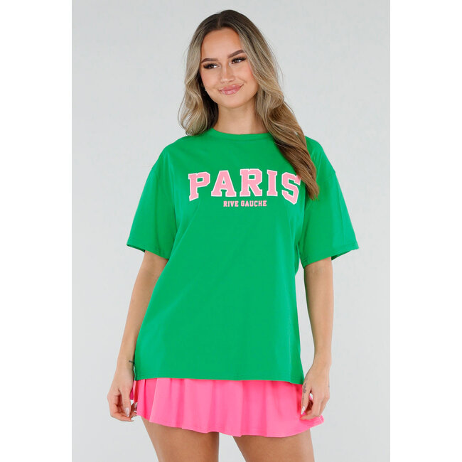 Grünes T-Shirt mit rosa Paris-Aufdruck