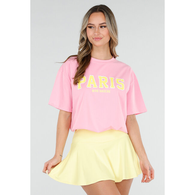 Rosa T-Shirt mit gelbem Paris-Aufdruck