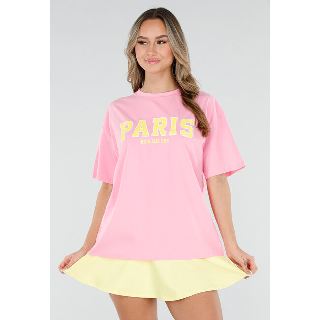 Rosa T-Shirt mit gelbem Paris-Aufdruck
