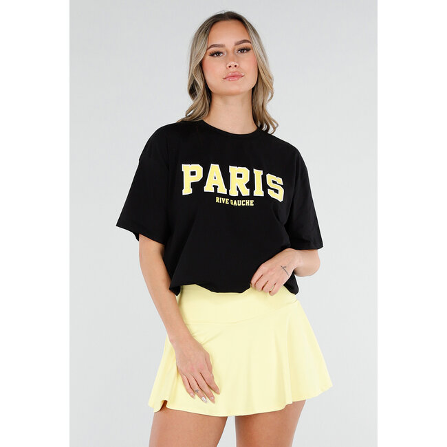 Schwarzes T-Shirt mit gelbem Paris-Aufdruck