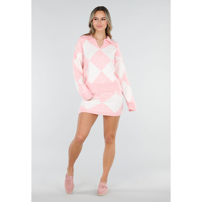 Rosa gestricktes Karomuster-Set mit Pullover und Rock