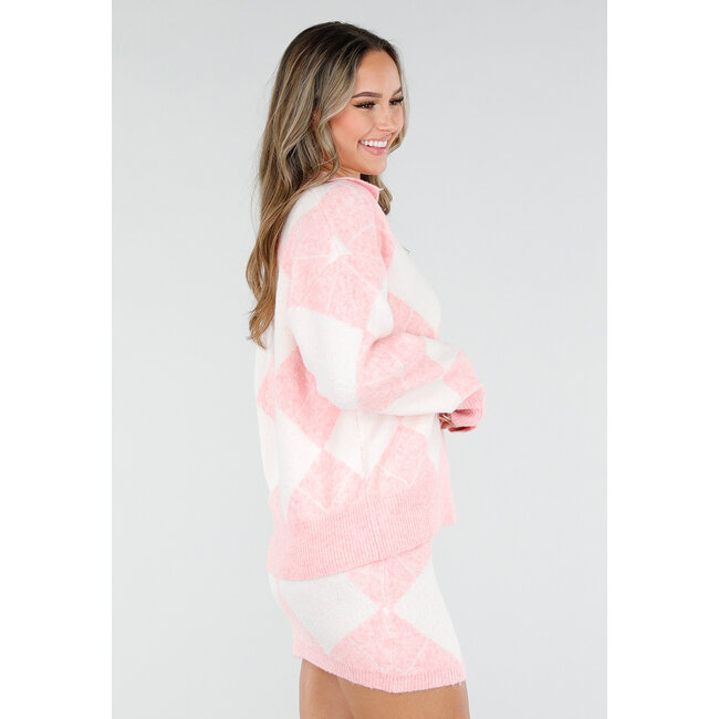 Rosa gestricktes Karomuster-Set mit Pullover und Rock