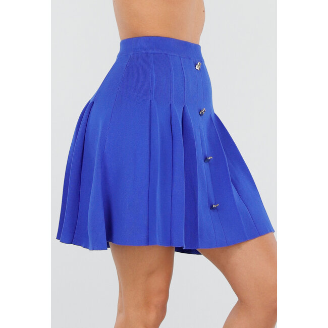 Kobaltblauer Faltenrock mit Knöpfen und Stretch