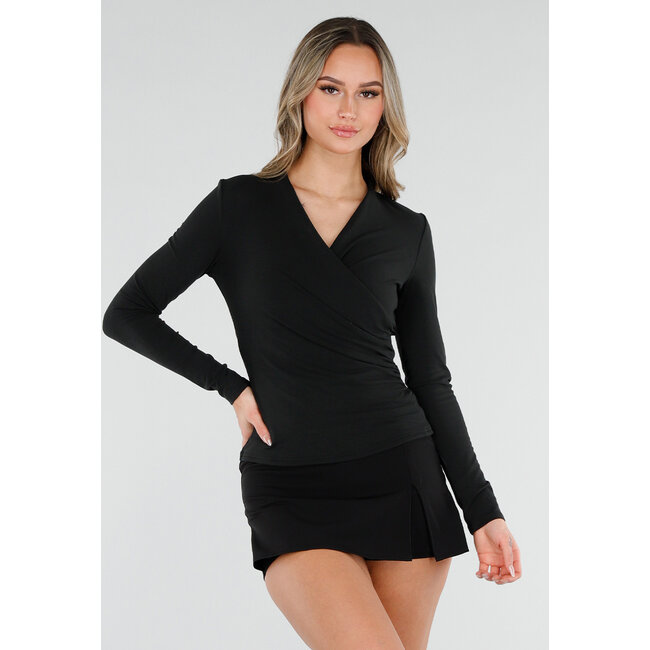 Schwarzer Wickeloberteil mit langen Ärmeln und Stretch