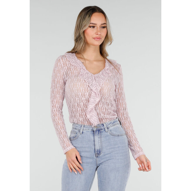 Hellrosa Spitzenoberteil mit Rüschen und Stretch