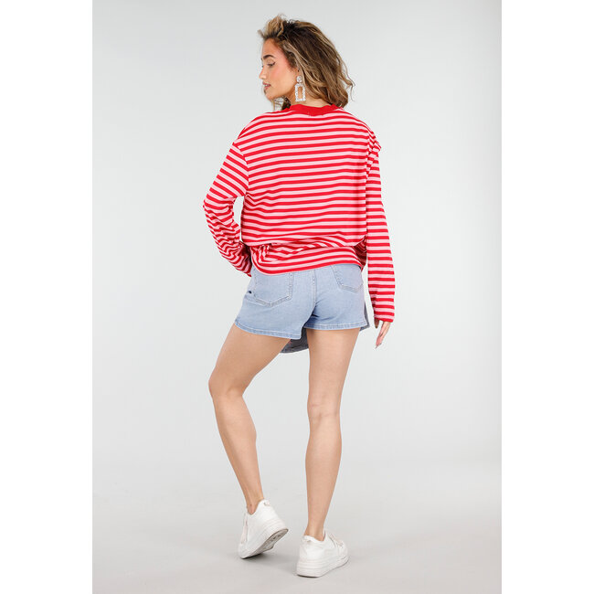 Rotes gestreiftes Baumwoll-Longsleeve-Oberteil