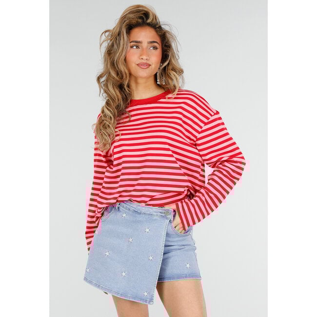 Rotes gestreiftes Baumwoll-Longsleeve-Oberteil