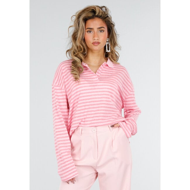 Pink gestreiftes Langarm-Polohemd