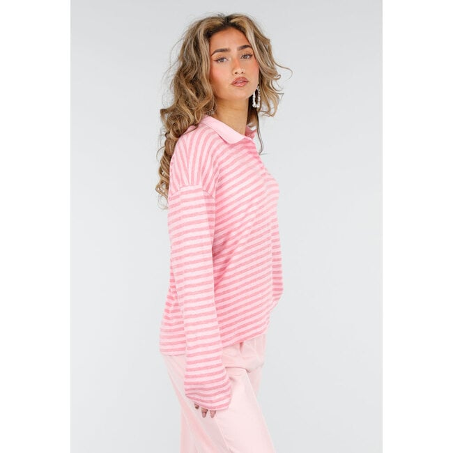 Pink gestreiftes Langarm-Polohemd