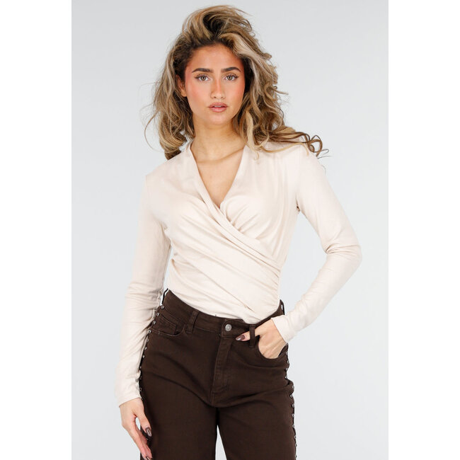 Beige Oversize-Top mit langen Ärmeln und Stretch