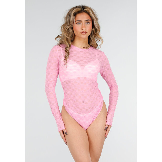 Rosa Mesh-Body mit langen Ärmeln und Stretch