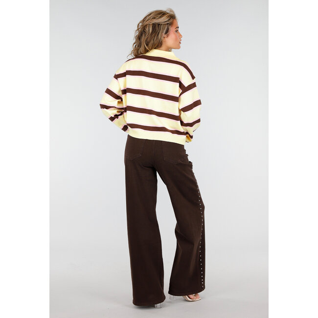 Gestreiftes Langarm-Polohemd in Gelb, Braun und Rosa