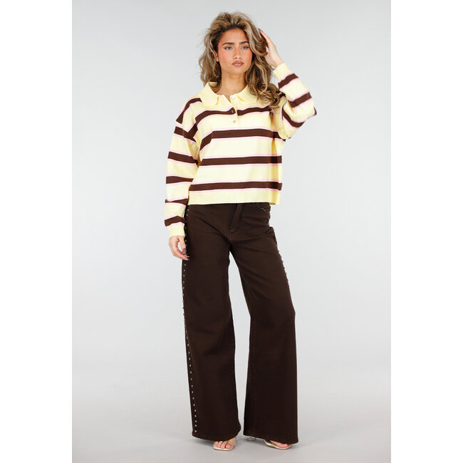 Gestreiftes Langarm-Polohemd in Gelb, Braun und Rosa