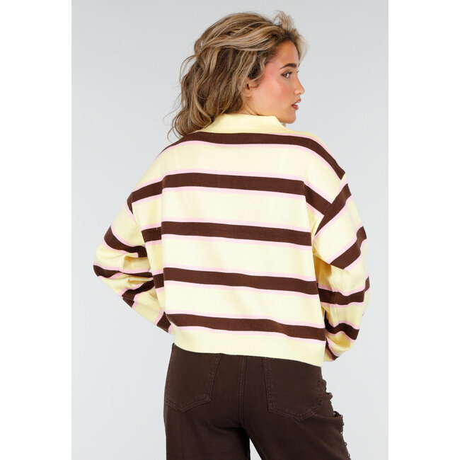 Gestreiftes Langarm-Polohemd in Gelb, Braun und Rosa