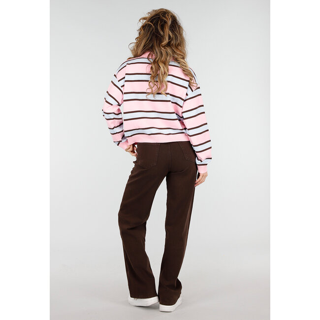 Gestreiftes Langarm-Polohemd in Rosa, Braun und Blau