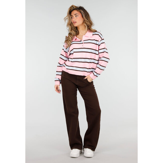Gestreiftes Langarm-Polohemd in Rosa, Braun und Blau
