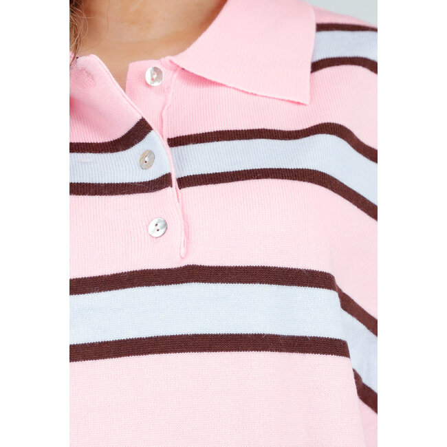 Gestreiftes Langarm-Polohemd in Rosa, Braun und Blau