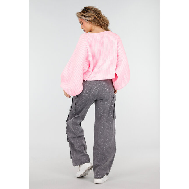 Rosa Strickpullover mit Ballonärmeln