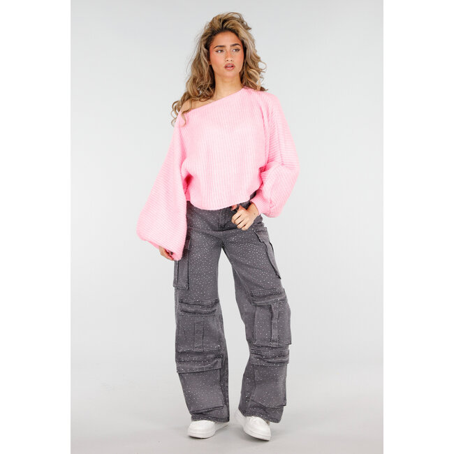 Rosa Strickpullover mit Ballonärmeln