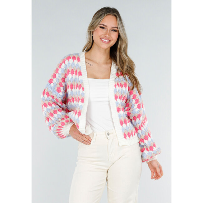 Strickjacke mit rosa-blauem Karomuster