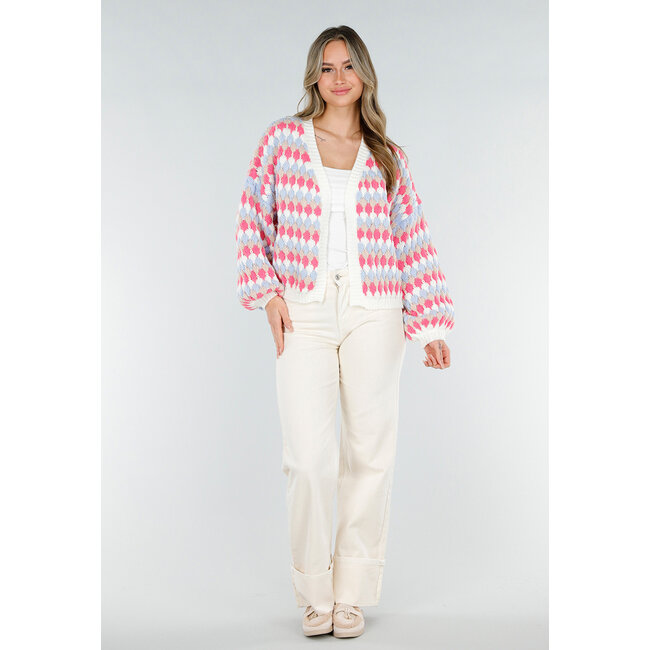 Strickjacke mit rosa-blauem Karomuster