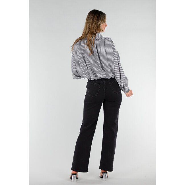 Schwarze gestreifte Bluse mit Spitze und Strassknöpfen