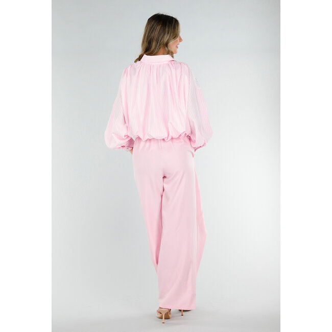 Pink gestreifte, kurz geschnittene Bluse mit Spitze