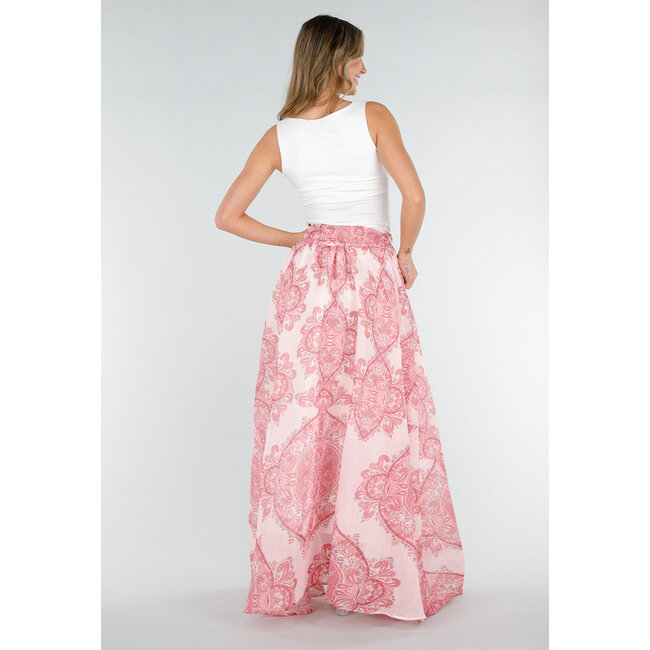 Rosa Maxirock mit Paisley-Print und Schleifengürtel