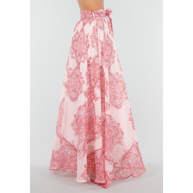 Rosa Maxirock mit Paisley-Print und Schleifengürtel