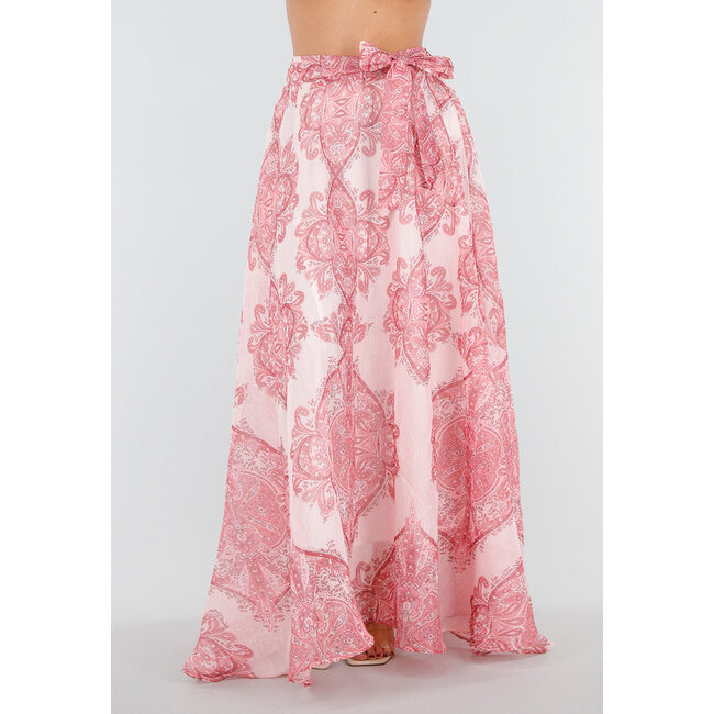 Rosa Maxirock mit Paisley-Print und Schleifengürtel