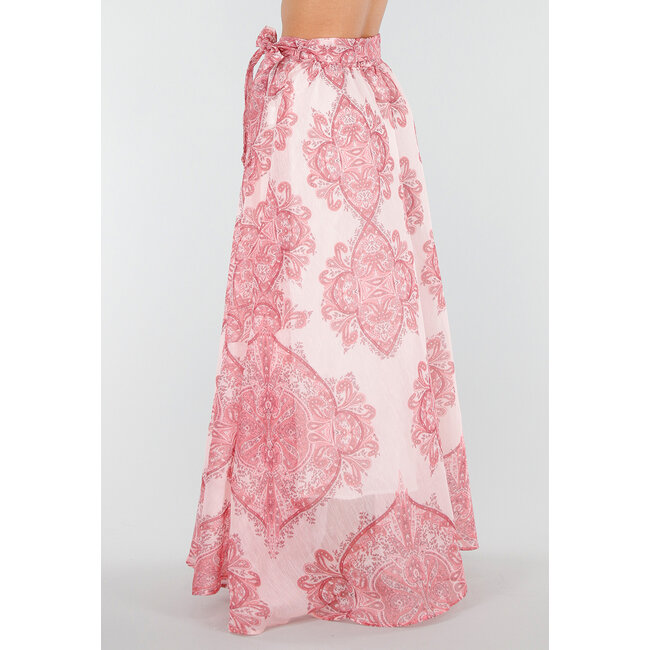 Rosa Maxirock mit Paisley-Print und Schleifengürtel