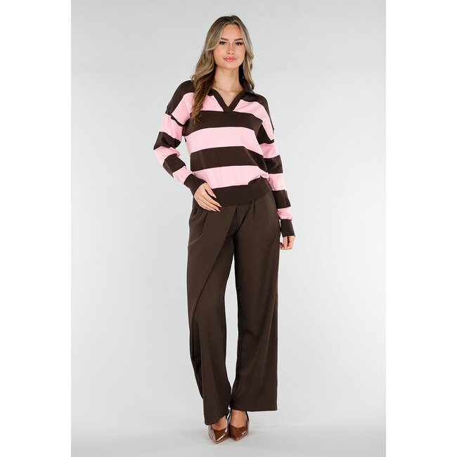 Pink and Brown Striped Polo Sweater