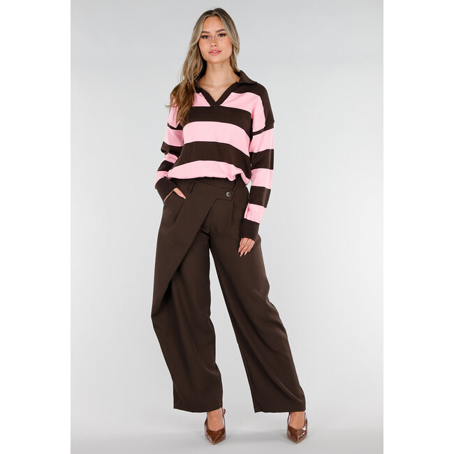 Pink and Brown Striped Polo Sweater