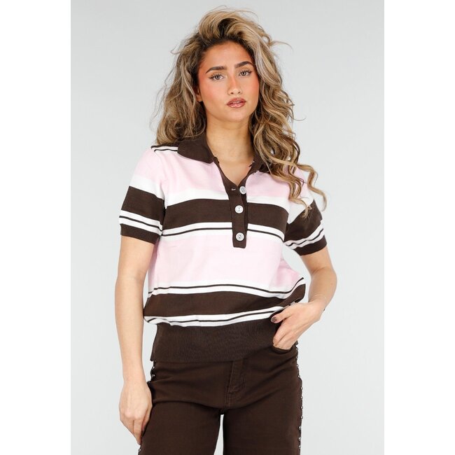 Hellrosa und braun gestreiftes Polo-Oberteil mit Stretch