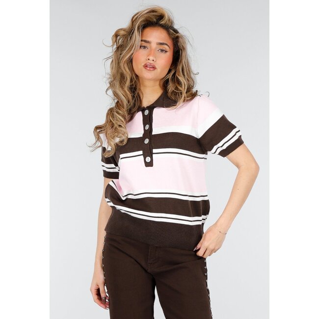 Hellrosa und braun gestreiftes Polo-Oberteil mit Stretch