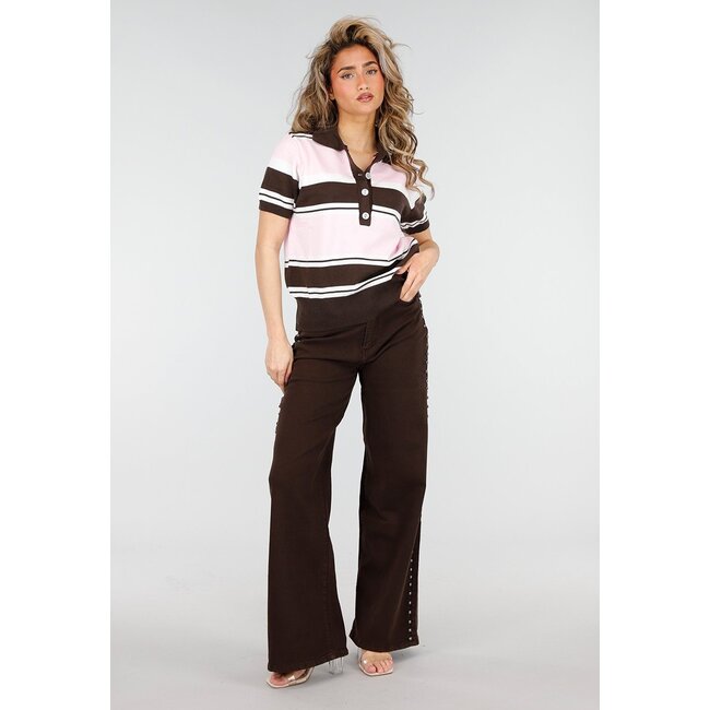 Hellrosa und braun gestreiftes Polo-Oberteil mit Stretch