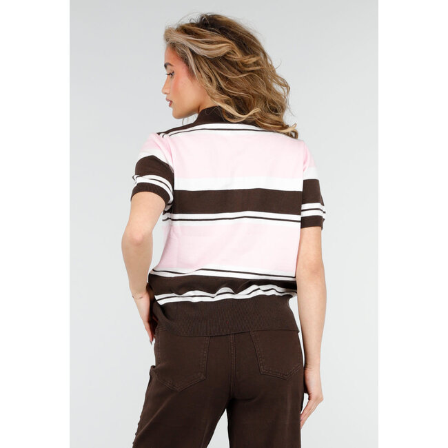 Hellrosa und braun gestreiftes Polo-Oberteil mit Stretch