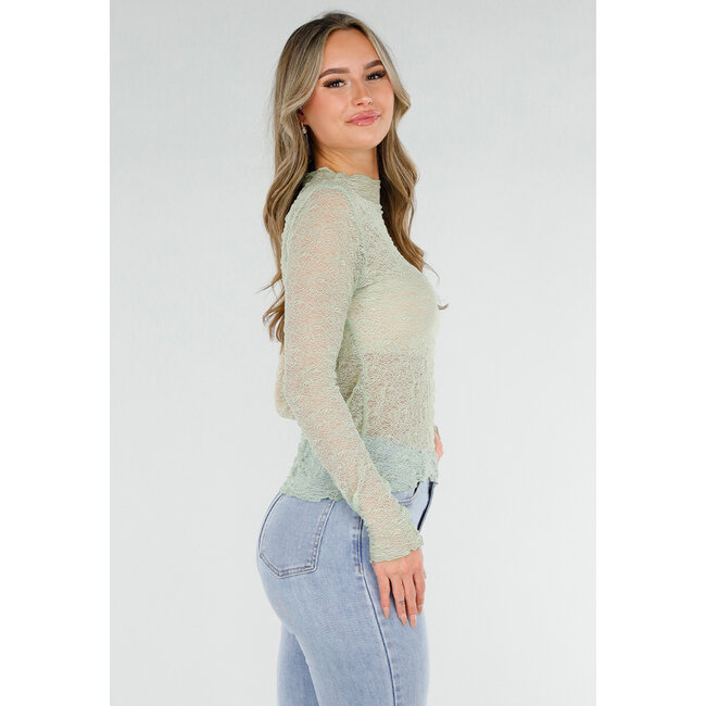 Mintgrünes Spitzenoberteil mit langen Ärmeln und Stretchanteil