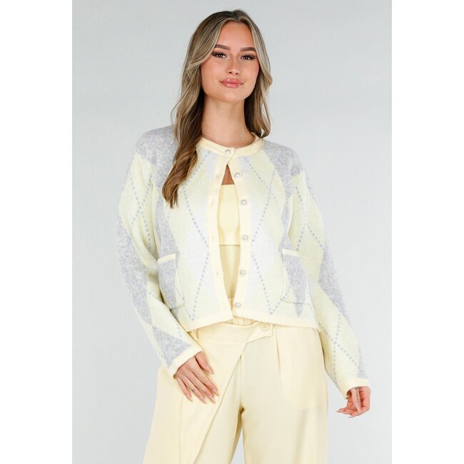 Buttergelbe Weste mit Karomuster und Perlmuttknöpfen