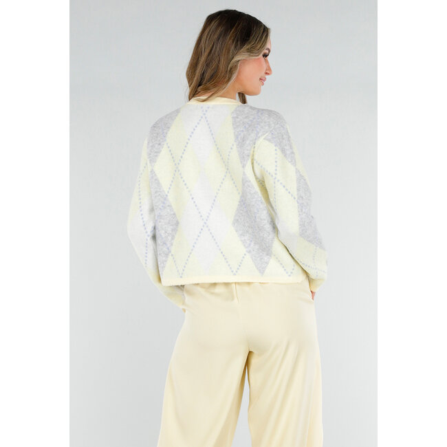 Buttergelbe Weste mit Karomuster und Perlmuttknöpfen