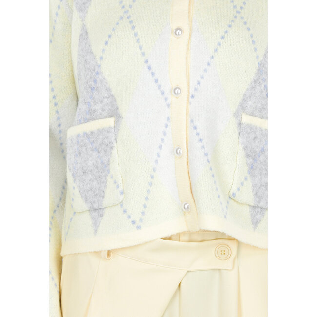 Buttergelbe Weste mit Karomuster und Perlmuttknöpfen