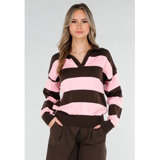 Pink and Brown Striped Polo Sweater