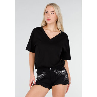 Schwarzes Baumwoll-T-Shirt mit V-Ausschnitt